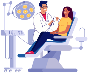 dentist and patient in dental chair Graphic of a woman sitting in a dental chair getting her teeth examined.